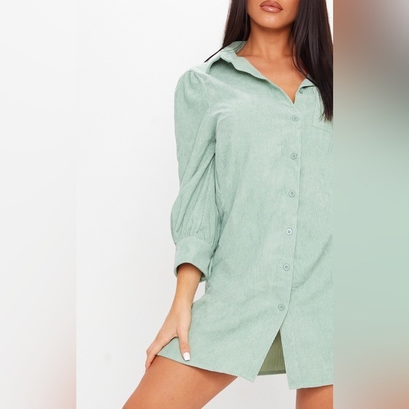PrettyLittleThing Green Cord Shirt Dress- NWT- Size 6 - Picture 3 of 13